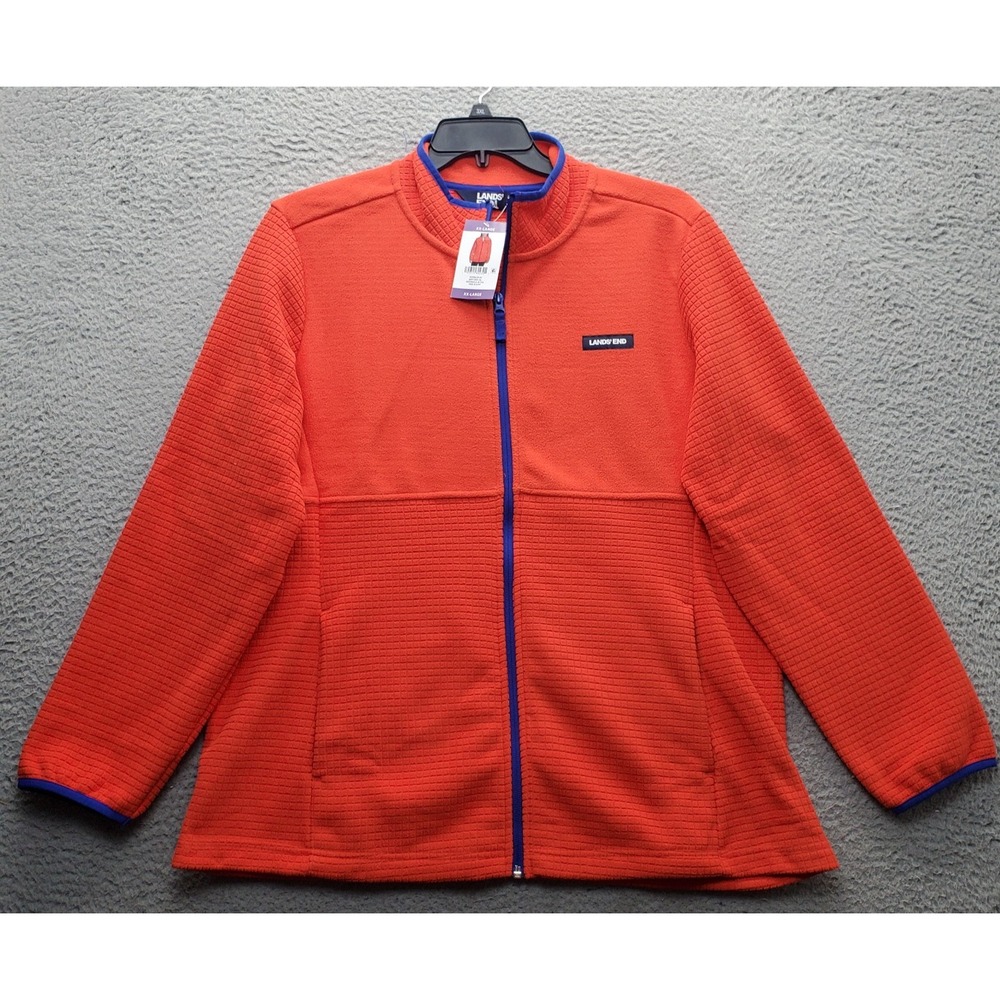 Lands' End Grid Fleece Jacket Womens XXL Orange Long Sleeve Mock Neck Full-Zip